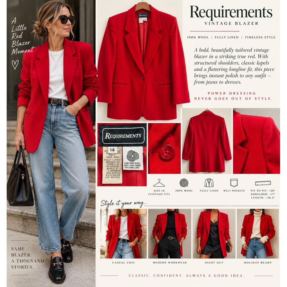 Vintage Requirements Size 10 Red 100% Wool Blazer Longline Power Jacket
